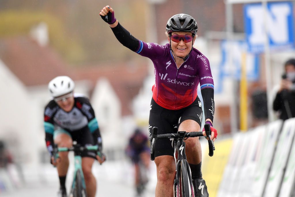 NOKERE BELGIUM MARCH 17 Arrival Amy Pieters of Netherlands and Team SD Worx Celebration Grace Brown of Australia and Team BikeExchange during the 3rd Nokere Koerse Danilith Classic 2021 Womens Elite a 124km race from Deinze to Nokere NokereKoerse on March 17 2021 in Nokere Belgium Photo by Mark Van HeckeGetty Images