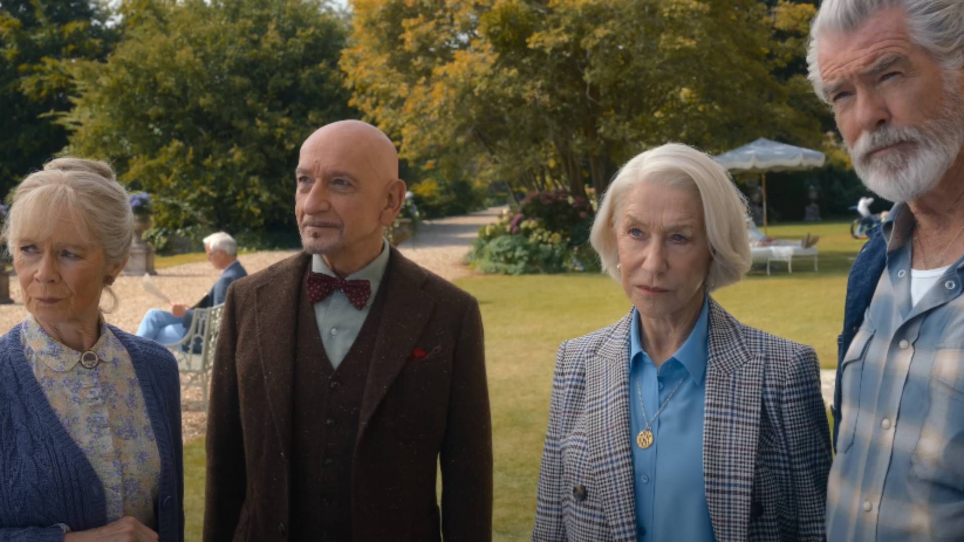 Celia Imrie, Ben Kingsley, Helen Mirren, and Pierce Brosnan in Netflix&#039;s The Thursday Murder Club
