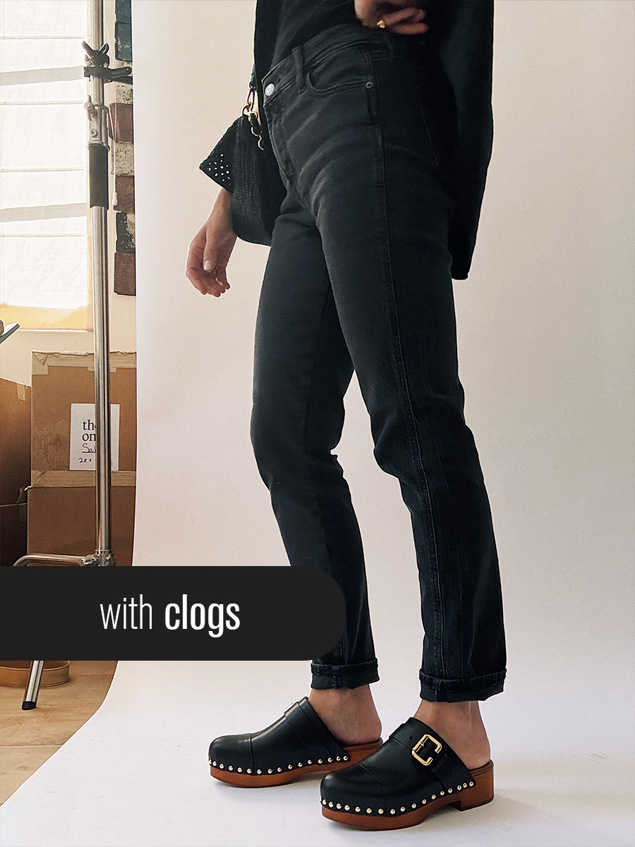 Jane Herman wearing skinny jeans with clogs