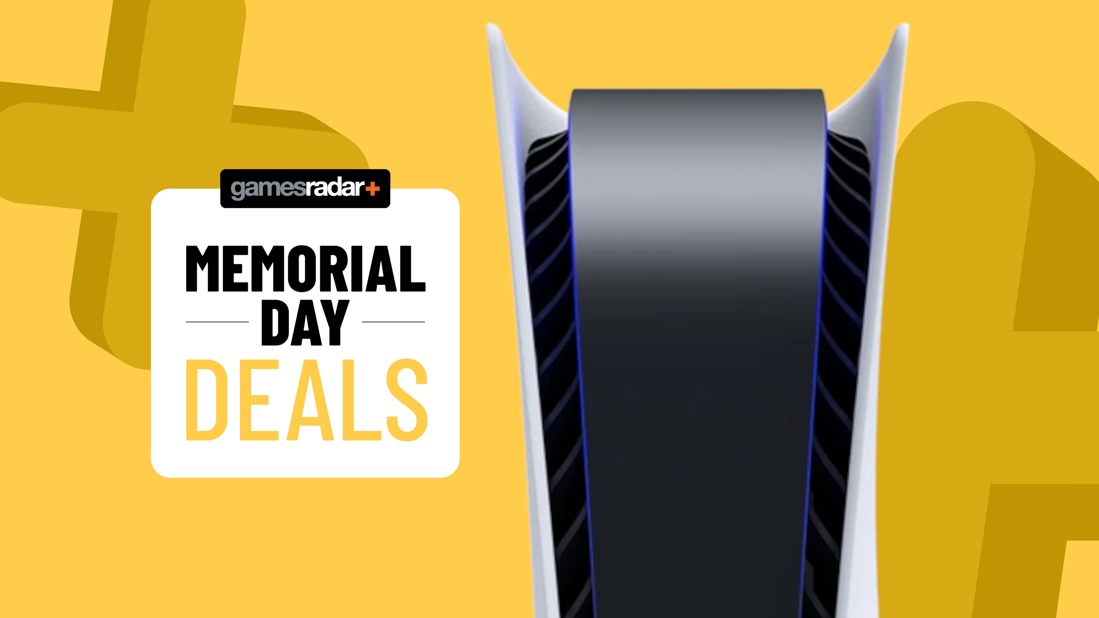 PS5 console on a yellow background with Memorial Day deals badge