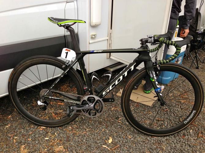 The reigning Australian road champion Simon Gerrans (Orica GreenEdge), had not received a new 2013 Scott Foil as yet