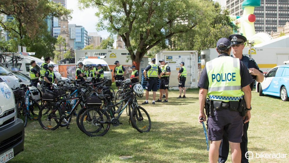 Dressed just like Tinkoff-Saxo, some of the police help control the race courses while on bicycles