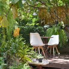 Two chairs and a table on a deck in a small urban garden planted for foliage
