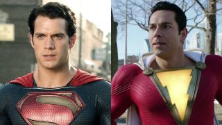 Side-by-side pictures of Henry Cavill's Superman and Zachary Levi's Shazam