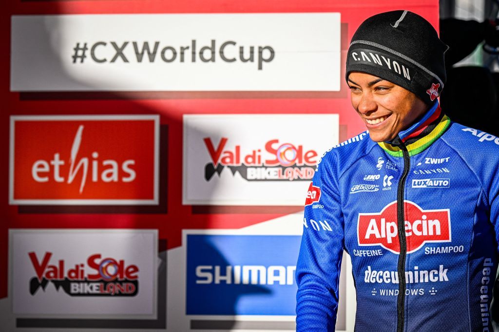 Dutch Ceylin Del Carmen Alvarado pictured on the podium after the womens elite race of the Cyclocross World Cup race in Val di Sole Italy Saturday 17 December 2022 stage ten out of 14 in the World Cup of the 20212022 seasonBELGA PHOTO JASPER JACOBS Photo by JASPER JACOBS BELGA MAG Belga via AFP Photo by JASPER JACOBSBELGA MAGAFP via Getty Images