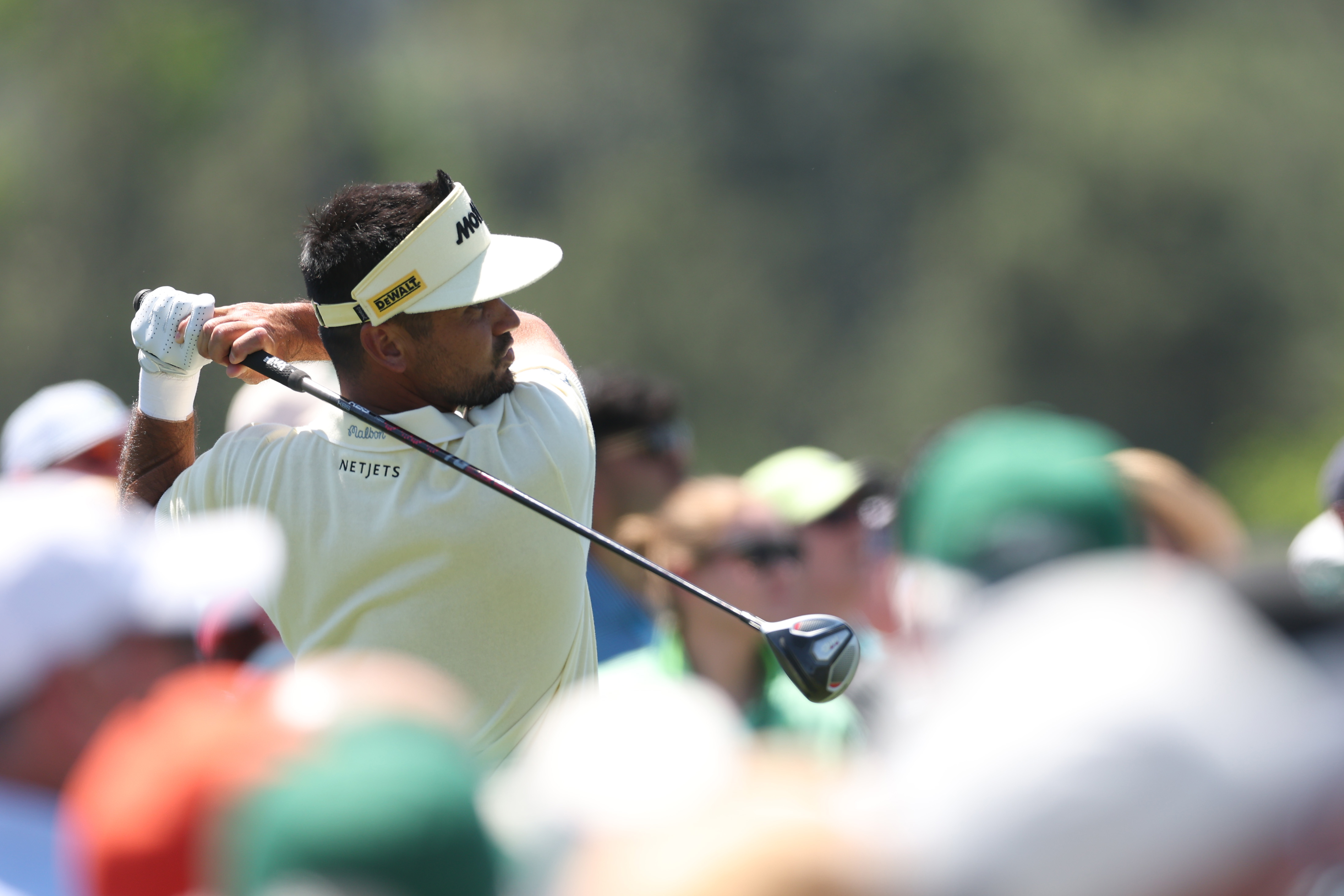Jason Day plays his shot from the first tee during the second round of the 2026 Masters Tournament at Augusta National Golf Club