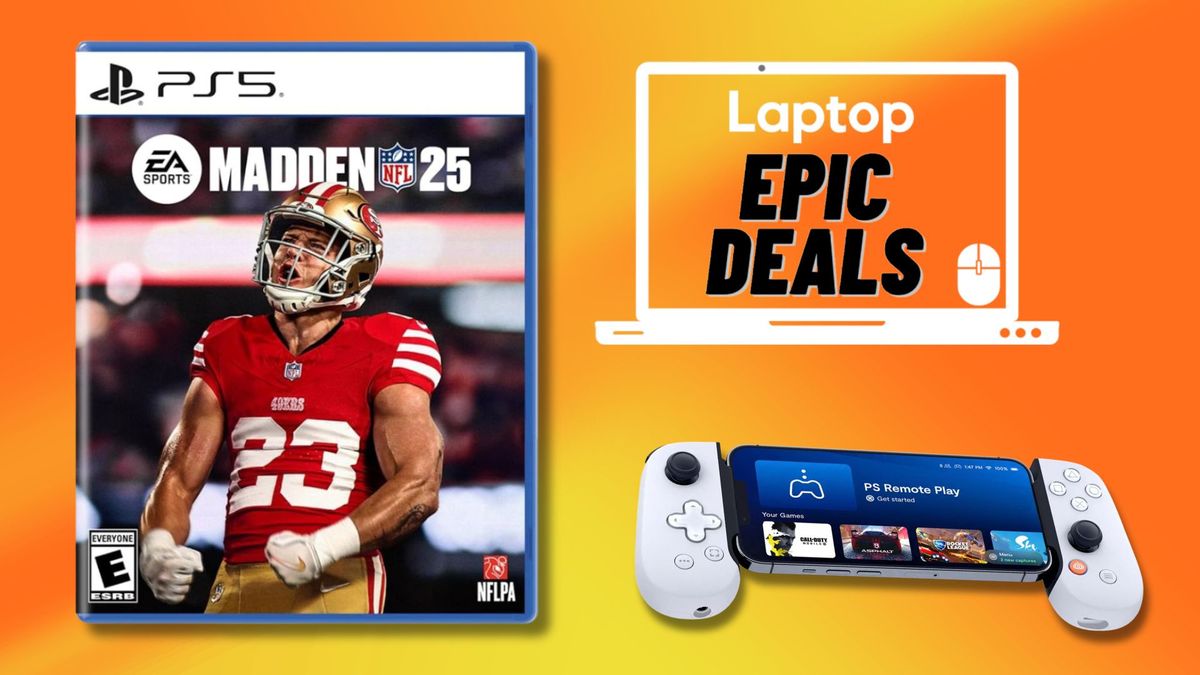 The case for EA Sports Madden NFL 25 next to the Backbone One mobile game controller and a Laptop Mag deals icon in front of an orange background