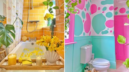 Yellow bathroom on left with pink and blue bathroom on right