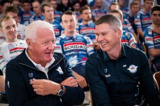 Former Soudal-QuickStep CEO Patrick Lefevere (left) sits next to new CEO Jurgen Fore during the media day for the cycling team in Calpe, Spain