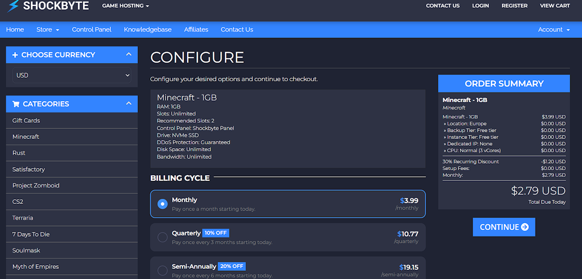Testing out Shockbyte on a computer for this review, looking at server options