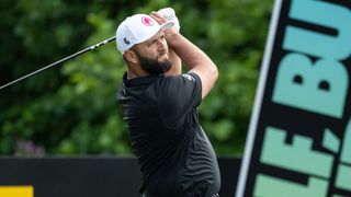 Jon Rahm takes a tee shot at LIV Golf United Kingdom