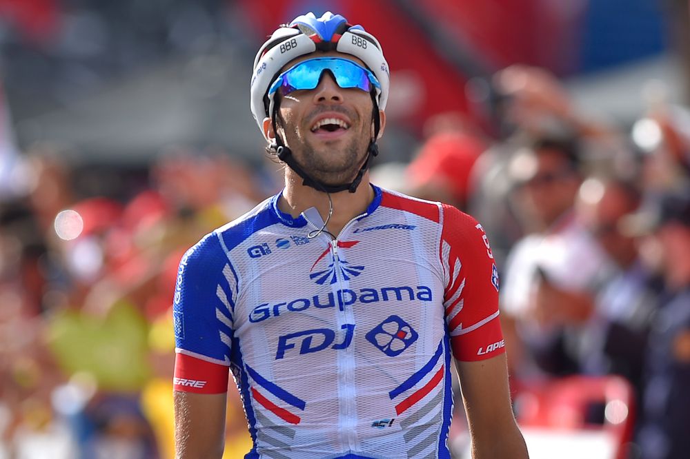 Thibaut Pinot celebrates winning stage 19 at the Vuelta