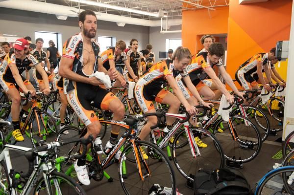 Optum Pro Cycling p/b Kelly Benefit Strategies riders workout en masse at the OptumHealth Performance Center.