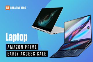 Two laptops on a blue background with the text Amazon Prime Early Access Sale next to them