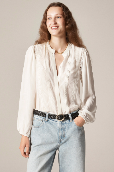 J.Crew, Lace-Trim Pintuck Top in Crepe De Chine