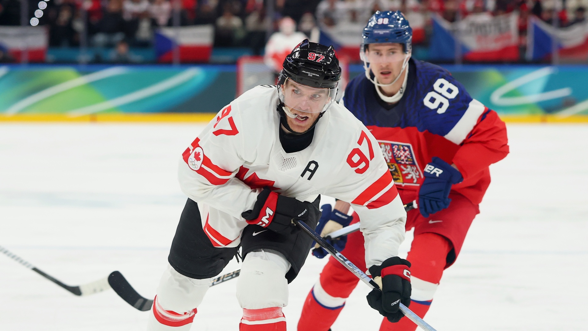 Canada's Connor McDavid in ice hockey action at the 2026 Winter Olympics
