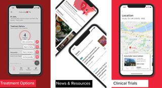 Screenshots of outcome4me app on a red and white background
