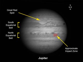 This graphic of Jupiter by UK astronomer Pete Lawrence shows the location of the Jupiter impact region from Sept. 12, 2012, as seen through an inverting astronomical telescope. The impact site is located at longitude system II 335, latitude +12.
