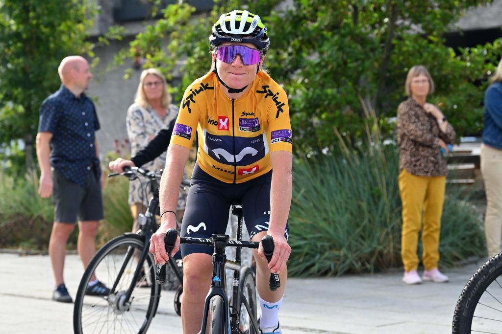 MIDDELFART DENMARK AUGUST 27 Annemiek Van Vleuten of The Netherlands and Movistar Team Yellow Leader Jersey prior to the 9th Tour of Scandinavia 2023 Battle Of The North Stage 5 a 1439km stage from Middelfart to Haderslev UCIWWT on August 27 2023 in Middelfart Denmark Photo by Luc ClaessenGetty Images