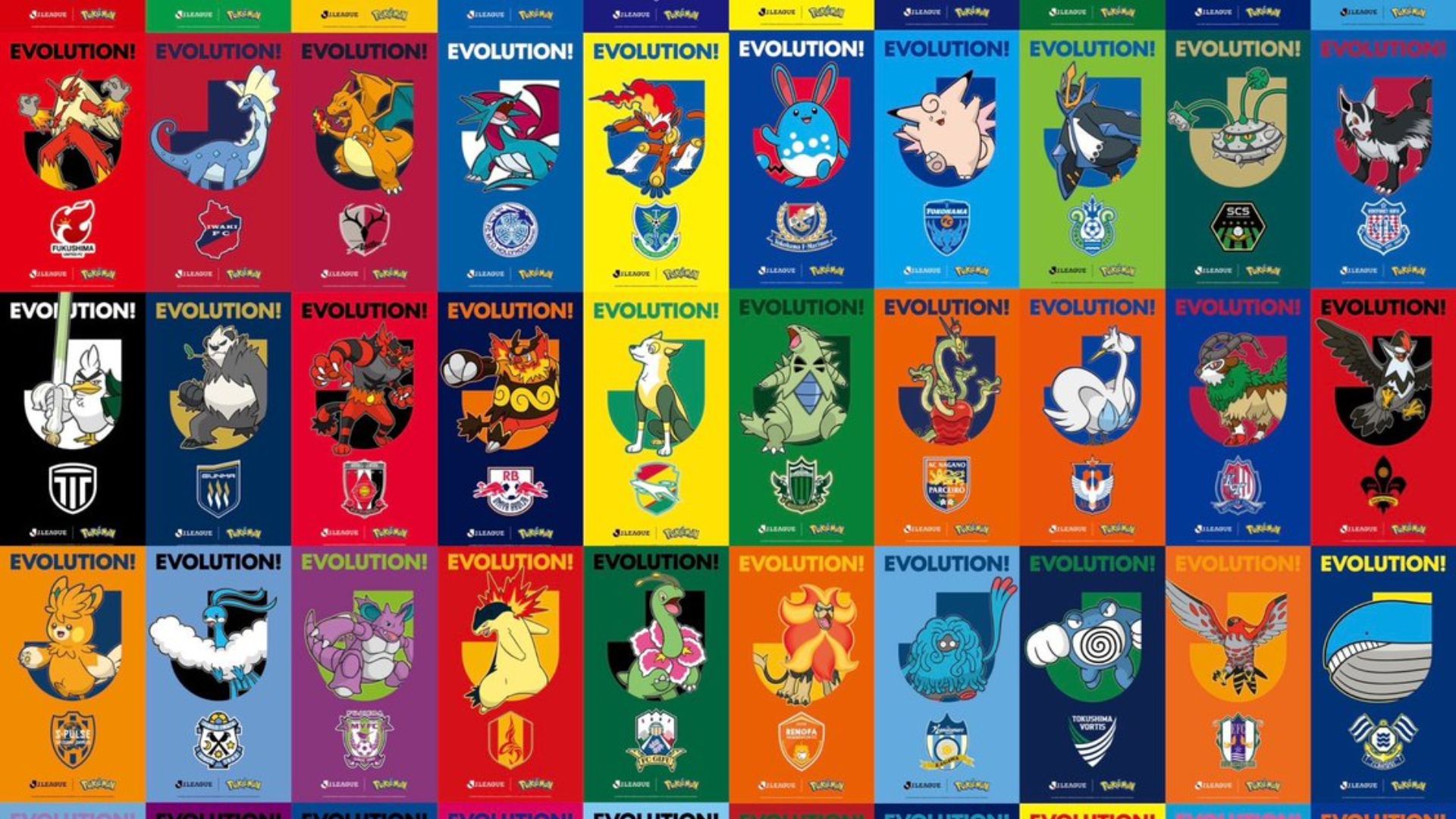 All 60 J.League club partner Pokémon displayed in a mosaic