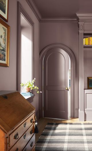 View of the corner of a purple painted living room with a plaid rug and brown wooden chest of drawers. There is a door slightly cracked on the back wall