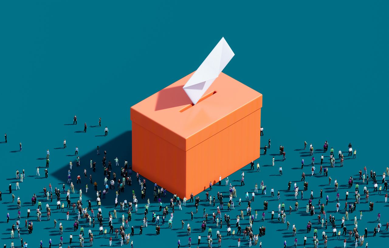 Orange colored ballot box surrounded by human crowd on blue background