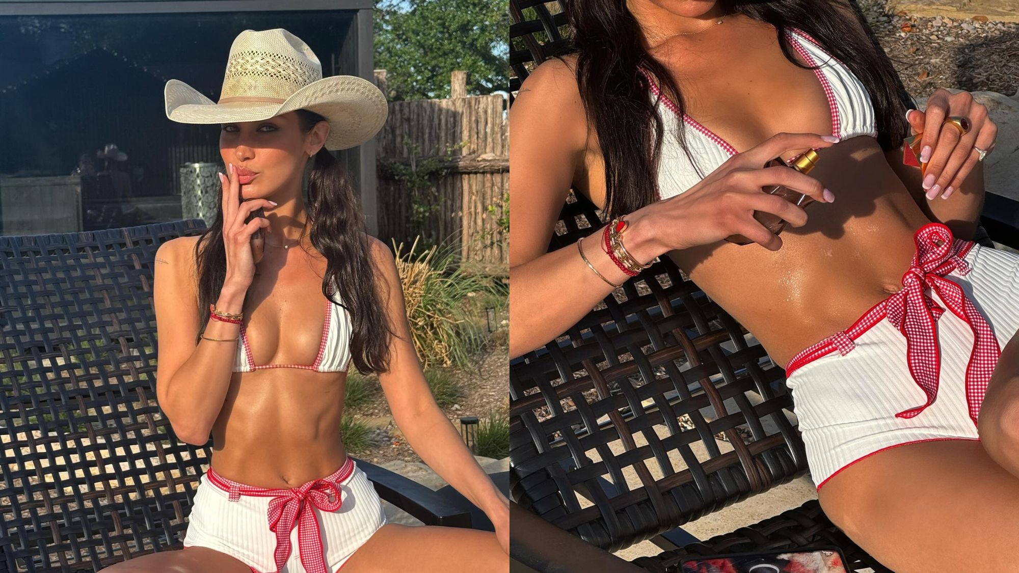 Bella Hadid posing with and applying the Orebella Eternal Roots perfume.
