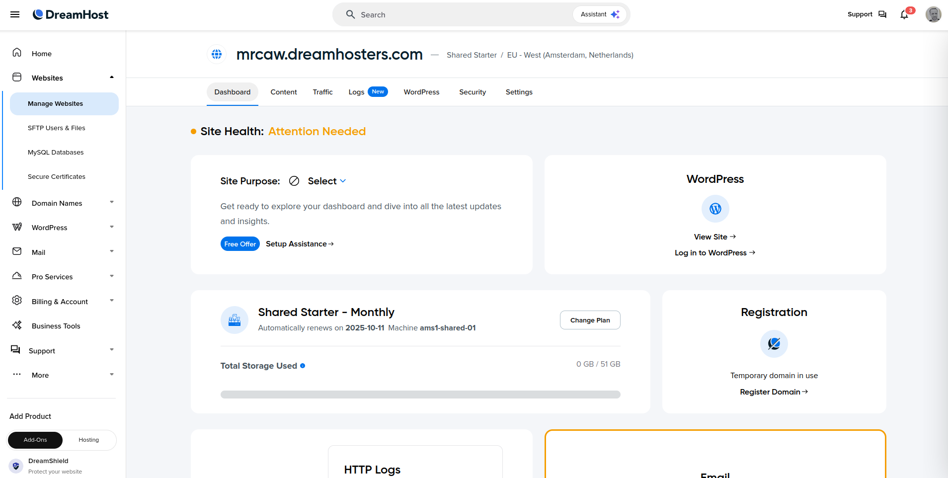 DreamHost hosting management
