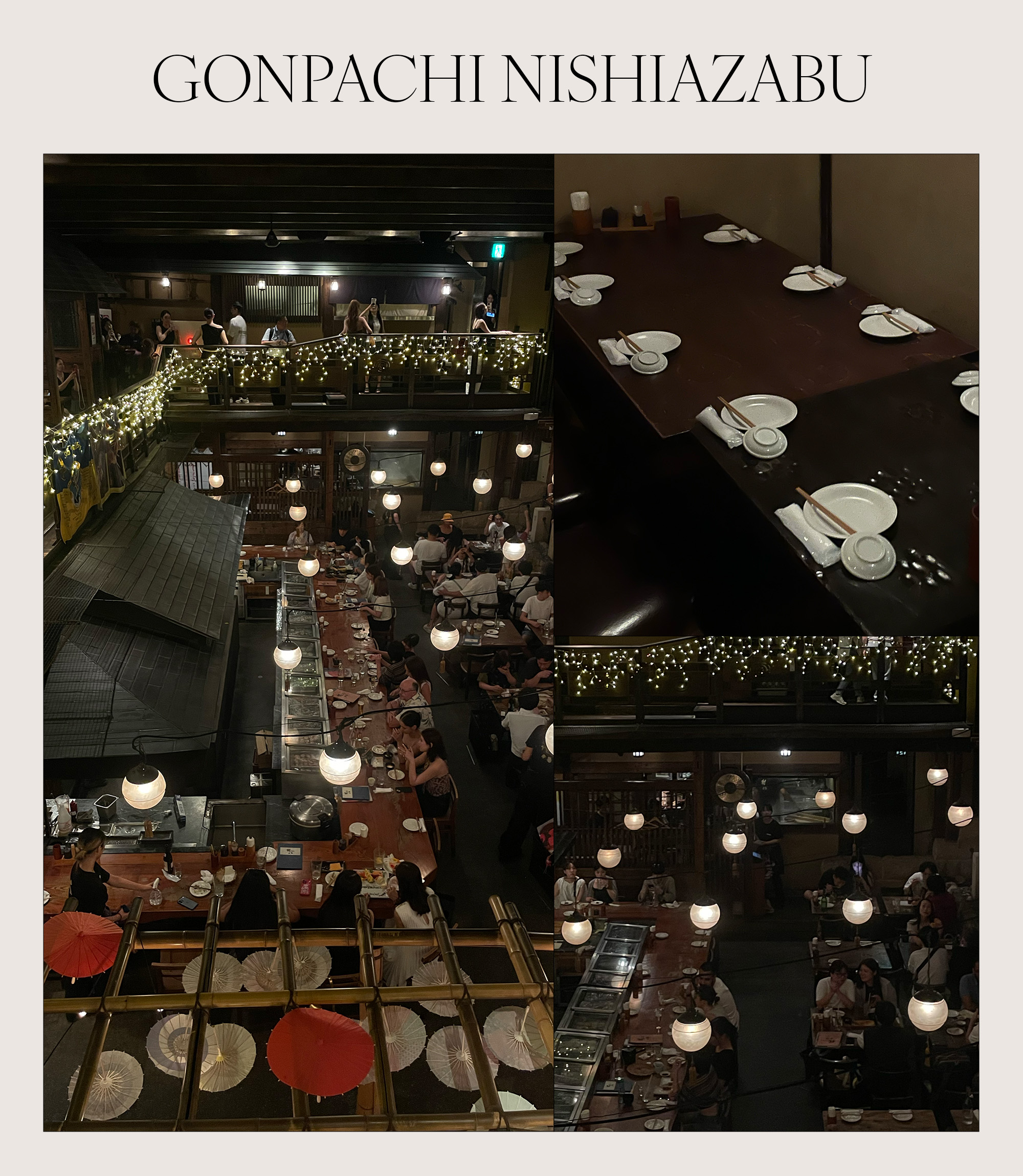 Collage of interiors at Gonpachi Nishi-Azabu in Tokyo.