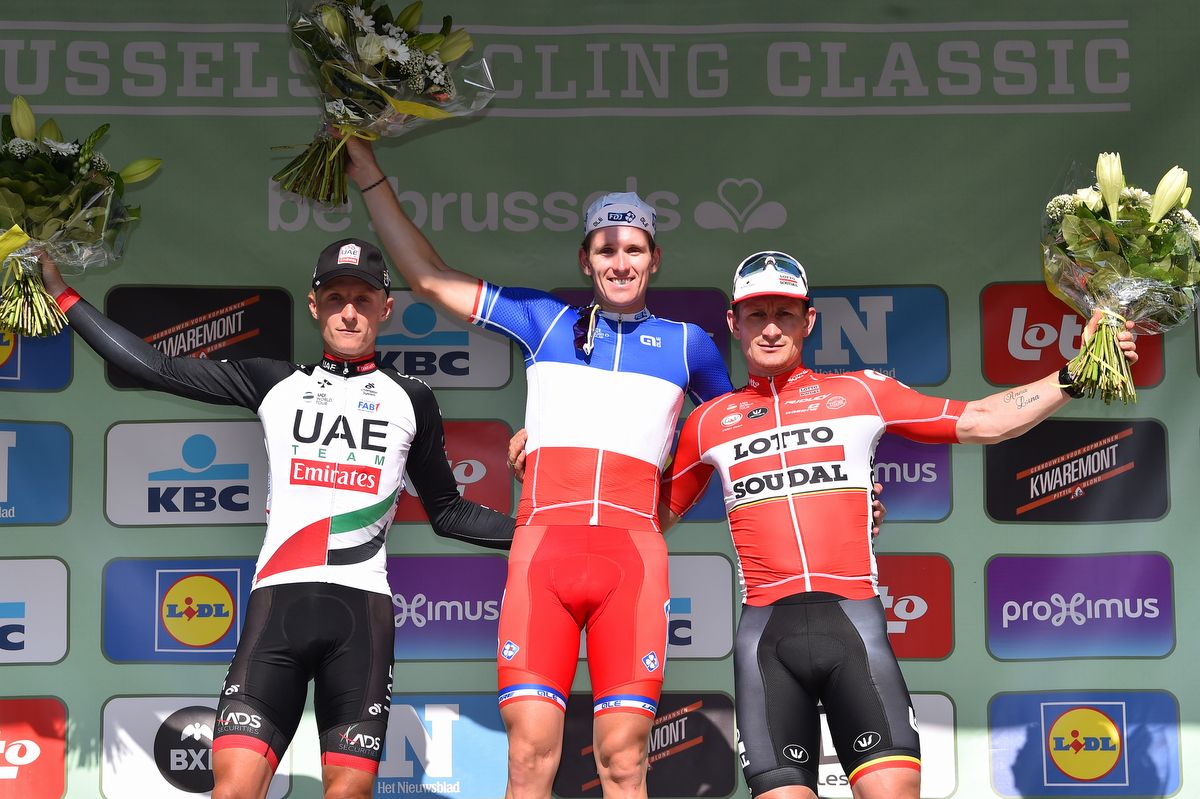 Marco Kump (UAE Team Emirates), Arnaud Demare (FDJ), and Andr&eacute; Greipel (Lotto Soudal).