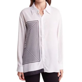 PATRIZIA LUCA Geo Print Asymmetric Long Sleeve Button-Up Shirt on model 