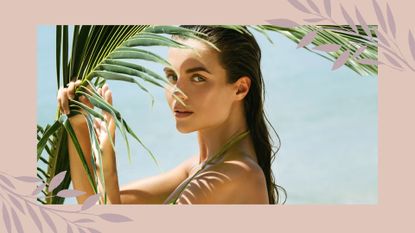 model on the beach with tanned skin showing how to self tan your face 