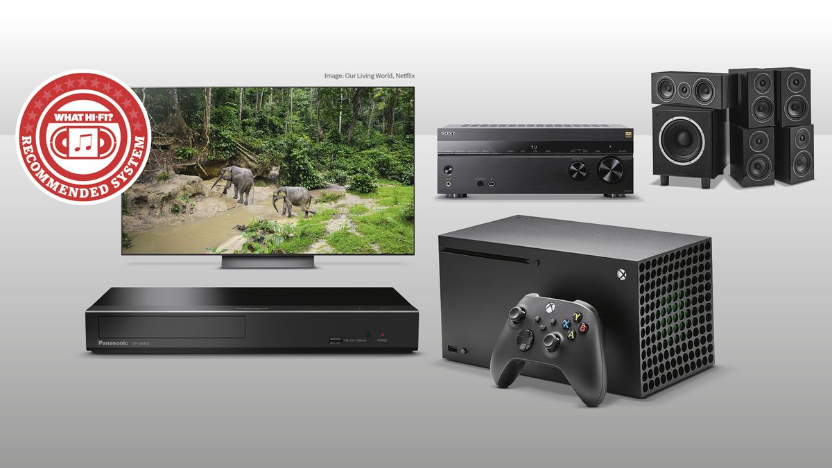 The LG C4 TV, Sony TA-AN1000 AVR, Wharfedale DX-3 speaker package and an Xbox Series X pictured on a white background