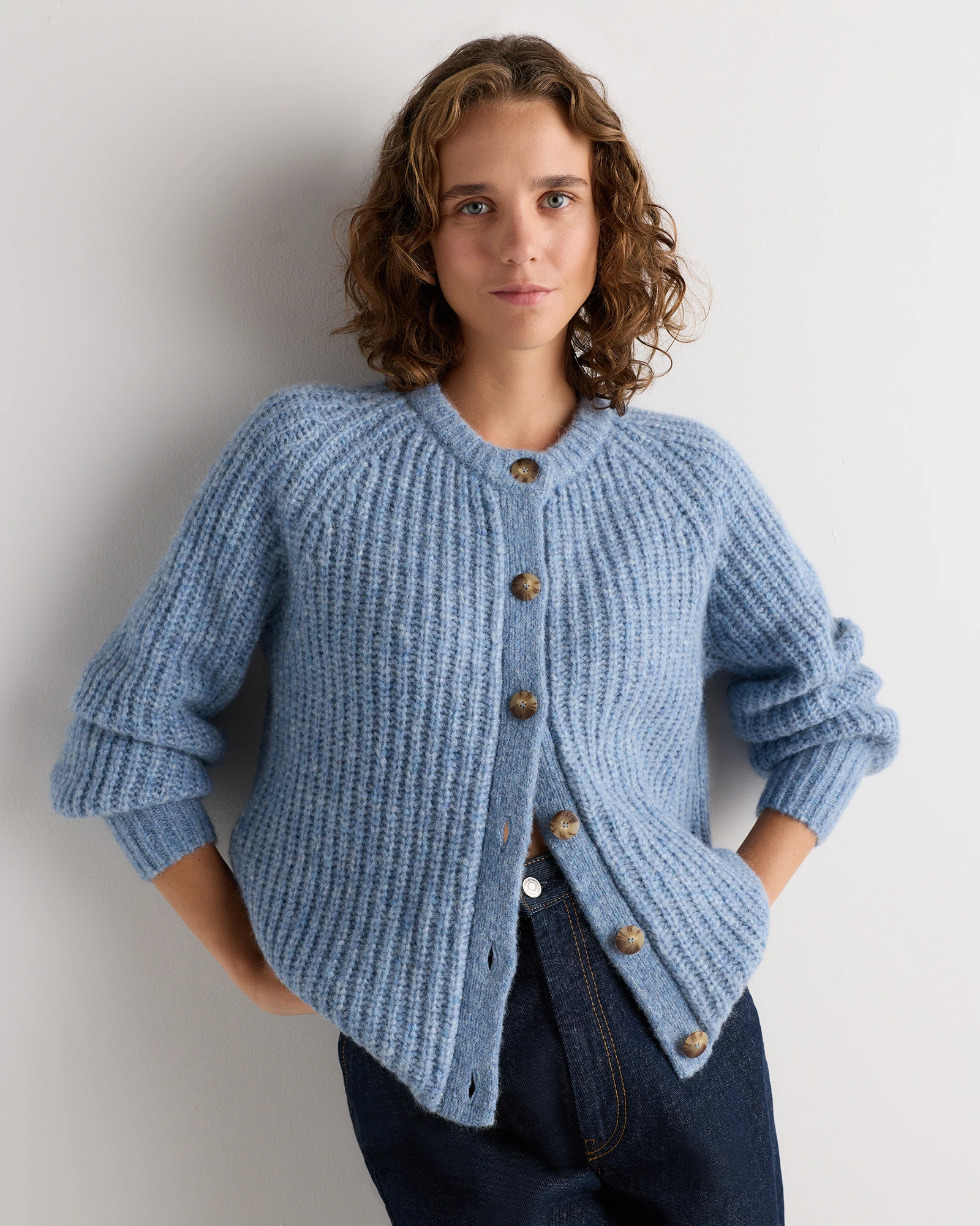 Lofty Baby Alpaca Chunky Crew Cardigan in Frost Blue