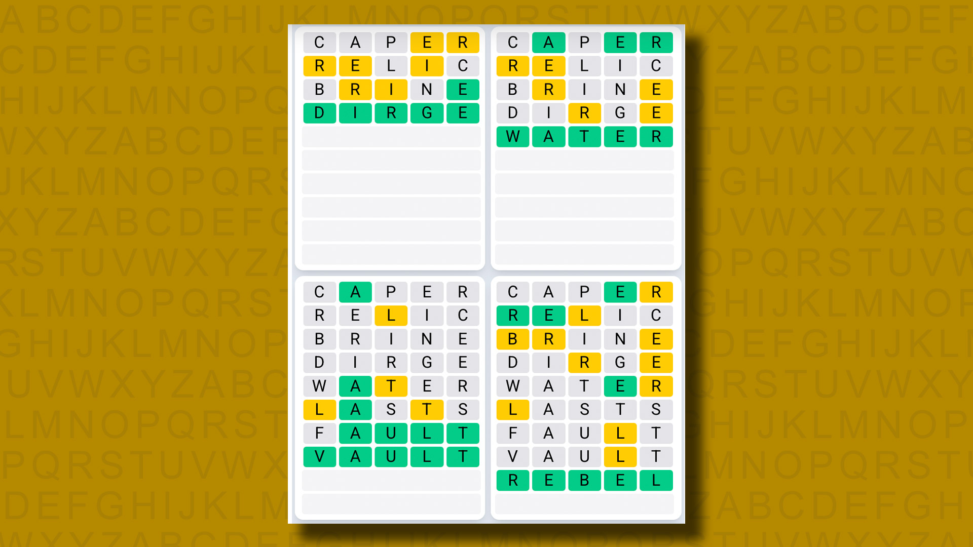 Quordle Daily Sequence answers for game 1202 on a yellow background