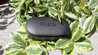 the nuratrue wireless earbuds charging case on a bed of leaves