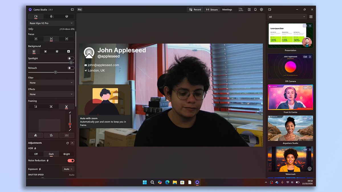 A screenshot of the Razer Kiyo V2 Pro's companion software