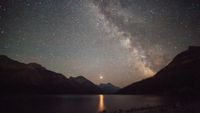 A glowing strip of the Milky Way galaxy is seen in a dark gray and purple starry night sky overlooking a lake surrounded by silhouetted jagged peaks on all sides with a glowing bright dot in the center of the image casting a yellow column of light on the dark water