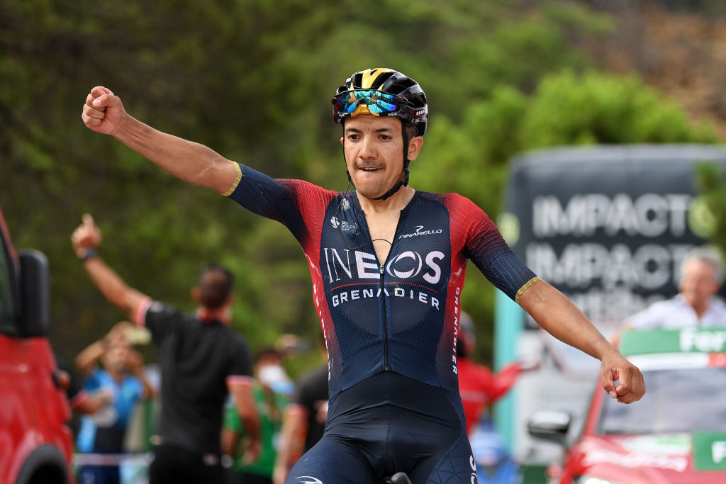 ESTEPONA SPAIN SEPTEMBER 01 Richard Carapaz of Ecuador and Team INEOS Grenadiers celebrates at finish line as stage winner during the 77th Tour of Spain 2022 Stage 12 a 1927km stage from Salobrea Peas Blancas Estepona 1260m LaVuelta22 WorldTour on September 01 2022 in Estepona Spain Photo by Justin SetterfieldGetty Images