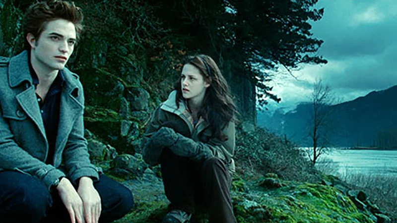 A still from the Twilight movie in which Bella and Edward are sat on a cliff next to the forest.