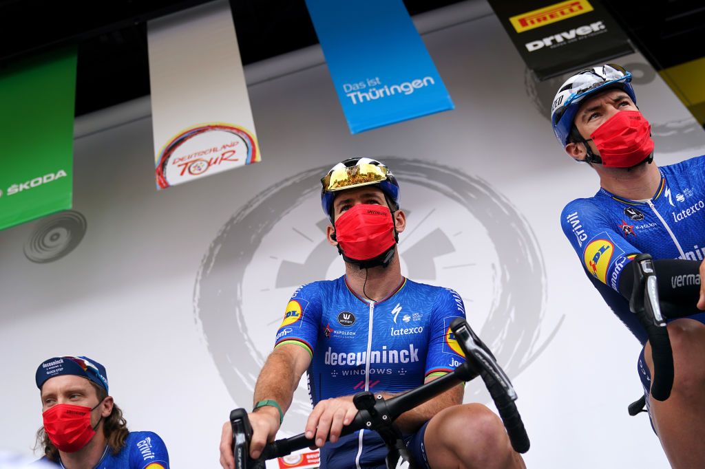 NUREMBERG GERMANY AUGUST 29 Mark Cavendish of United Kingdom and Team Deceuninck QuickStep during the team presentation prior to the 35th Deutschland Tour 2021 Stage 4 a 1563km stage fro Erlangen to Nrnberg DeineTour on August 29 2021 in Nuremberg Germany Photo by Christian KasparBartkeGetty Images