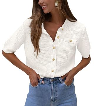 Prettygarden Women's Summer Button Down Shirts Casual Short Sleeve Crew Neck Ribbed Knit Blouse Top Cardigans (white,small)