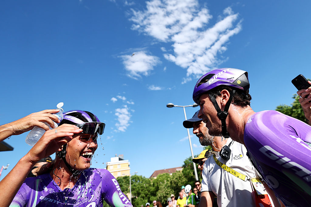 BELFORT, FRANCE - JULY 17: (L-R) Luke Plapp of Australia and stage winner Mauro Schmid of Switzerland and Team Jayco AlUla react after the 113th Tour de France 2026, Stage 13 a 205.8km stage from Dole to Belfort / #UCIWT / on July 17, 2026 in Belfort, France. (Photo by Anne-Christine Poujoulat - Pool/Getty Images)
