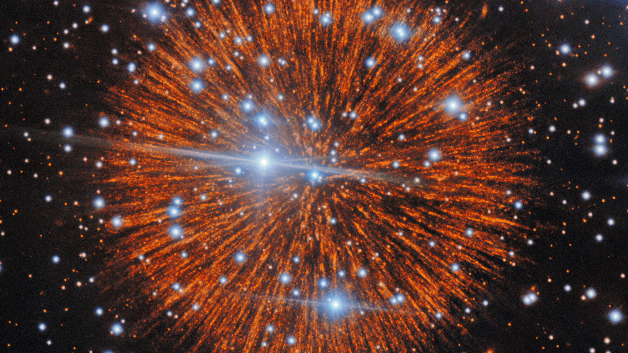 A spikey orange sphere with shining blue orbs within it 
