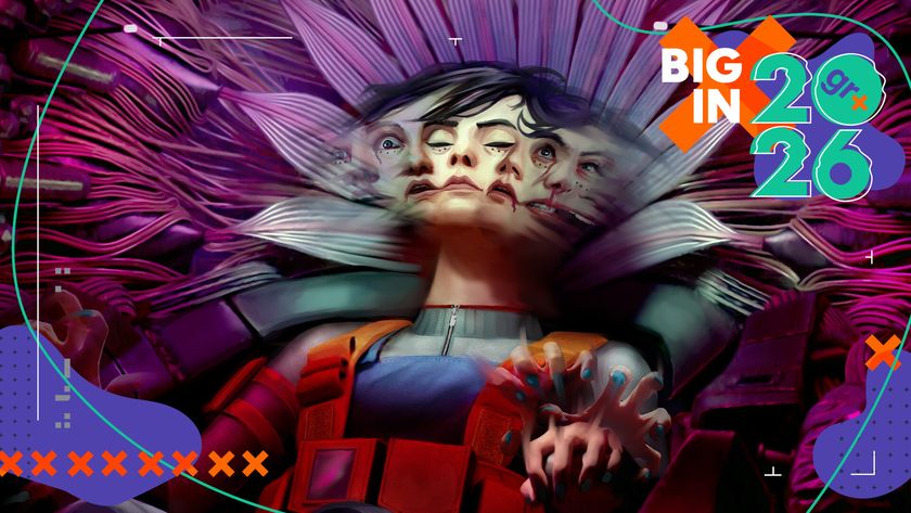 A character in Ontos' key art sits in a chair that merges purple, floral, biological design with high-tech cables - their face is blurred with multiple expressions showing inner turmoil while their eyes are closed - with the GamesRadar+ Big in 2026 frame