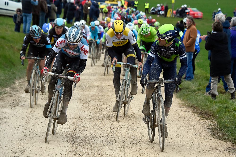 The peloton tackles the gravel roads during stage 1 at Paris-Nice.