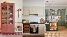 Warm kitchen color ideas are so chic. Here are three of these - a brick red cabinet with plates in it and a white wooden chair with throws on, cream kitchen cabinets with woven storage baskets and a silver oven, and green kitchen cabinets with a black kitchen island and wooden flooring