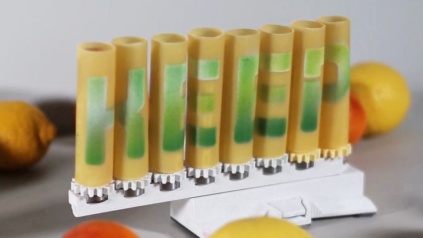 A pasta &quot;display&quot; on a table showing the word &quot;keep&quot; surrounded by fruit. Obviously.