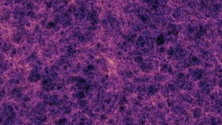 An artist's impression of the cosmic web. It looks like a vast cobweb-like structure or mostly purple and some orange filaments on a black background.