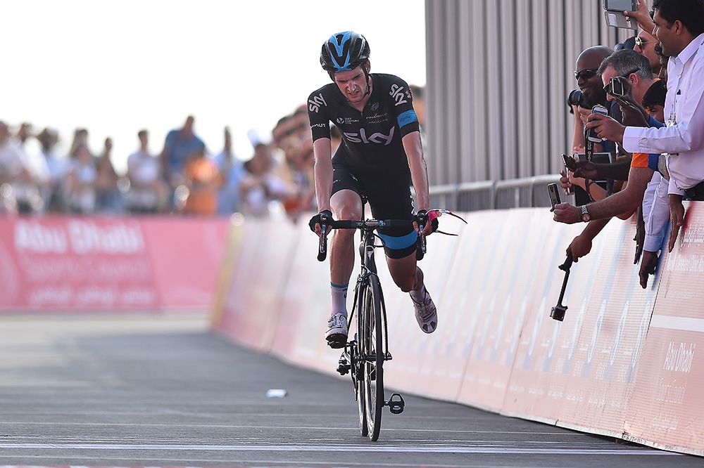 Wout Poels crosses the line after his crash.